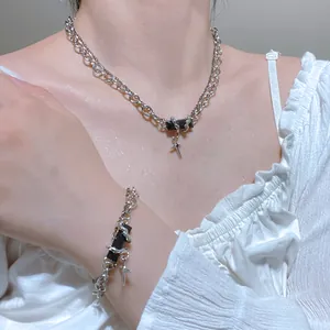 Gothic punk style double-layered chain necklace and bracelet set with cross charms