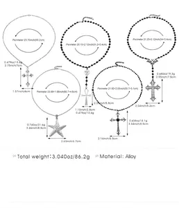 Detailed size chart for 5 vintage gothic cross and starfish necklaces with weights