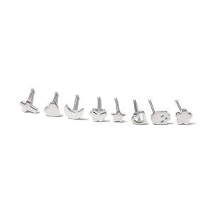 Variety set of 8 stainless steel nose studs with butterfly, moon, star and skull shapes