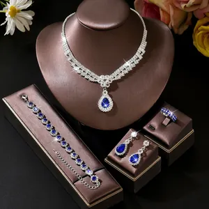 Luxury elegant silver jewelry set with sparkling blue teardrop crystals for wedding bridal use