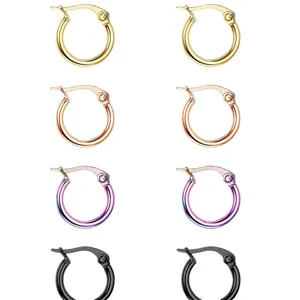 Minimalist brass hoop earrings set in four colors: gold, rose gold, rainbow, and black