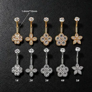 Variété de piercings de nombril en acier 316L avec zircons motifs fleur et étoile