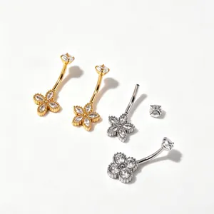 Piercings de nombril en acier 316L avec fleurs et zircons brillants en or et argent