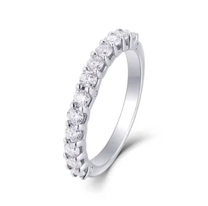 Close-up of elegant S925 sterling silver moissanite eternity ring with prong setting detail