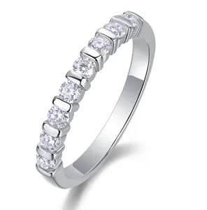 Detailed view of an S925 sterling silver ring set with sparkling round moissanite stones.