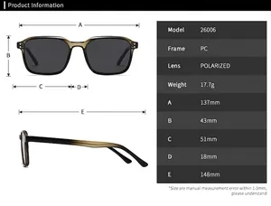 Productspecificatie en maattabel voor gepolariseerde vierkante zonnebrillen model 26006