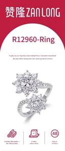 Dettaglio di due castoni di girasole in moissanite su un anello aperto in argento sterling