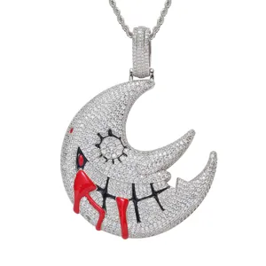 Iced out Soul Eater style crescent moon pendant necklace with dripping red enamel for hip hop