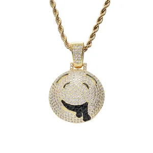 Hip Hop Anhänger Halskette Kupfer Mikro Eingelegt Zirkonia Sabbernder Emoji Iced Out Kordelkette Streetwear Schmuck Herren