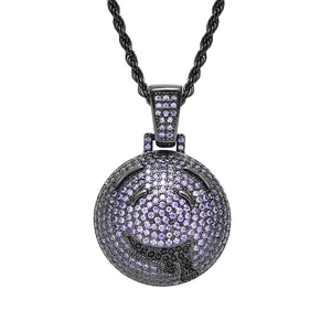 Hip-Hop-Halskette mit lila Zirkonia-Smiley-Anhänger und schwarzer Kordelkette