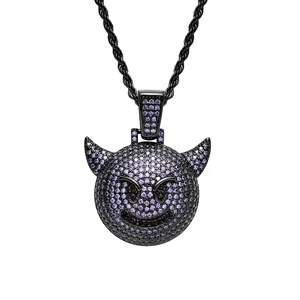 Pendentif emoji diable en pavé violet sur chaîne corde noire pour bijoux hip-hop