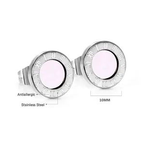 Detailed view of 10mm stainless steel stud earrings with shell inlay and Roman numerals