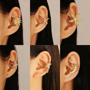 Western Style Alloy Ear Cuff Set Gold Starfish Sun Moon Flower Non Piercing Clip On Earrings For Women Fashion Jewelry