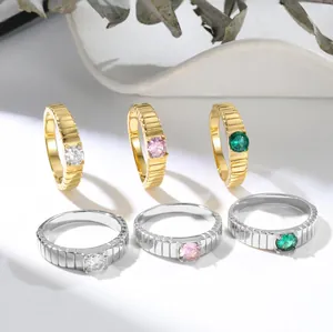 Anello a Fascia a Costine in Acciaio Inossidabile Vintage per Donna Anello Geometrico Galvanico Con Strass Colorati Rotondi