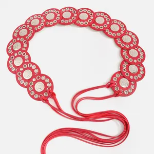 Ethnic style red belt with silver metal hollowed-out rings and retro tie cord design