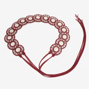 Ethnic style burgundy wide waist belt with silver metal studs and long tassel ties