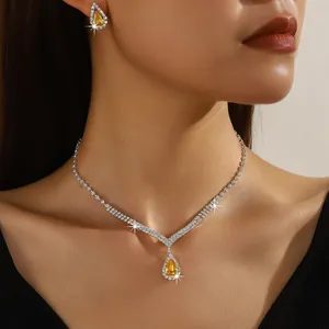 Elegant yellow teardrop zircon jewelry set with necklace and earrings for wedding