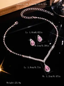Detailed view of pink zircon necklace and earrings set with size and weight measurements