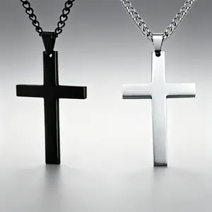 Stainless Steel Alloy Cross Pendant Necklace For Men Women Gold Silver Black Curb Chain Fashion Simple Religious Jewelry Gift