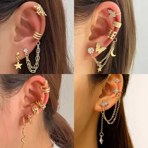 Schmetterling Stern Mond Ohrclip Set Legierung Strass Ausschnitt Nicht Durchstochene Knorpel Ohrringe Integrierte Kette Schmuck