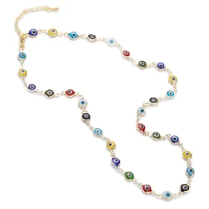 Collana di perle malocchio multicolore con elegante catena dorata a maglie