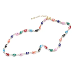 Collana in acciaio inossidabile con vivaci perline smaltate multicolore malocchio.