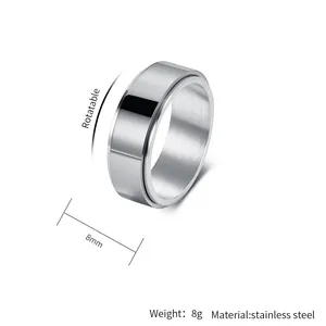Detail showing rotatable feature and 8mm width of minimalist stainless steel spinner ring