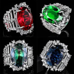 Luxe Ovale Saffier Robijn Smaragd Open Ring Gegalvaniseerd Koper Zirkonia Ingelegde Verstelbare Cocktailring Voor Mannen Vrouwen Sieraden