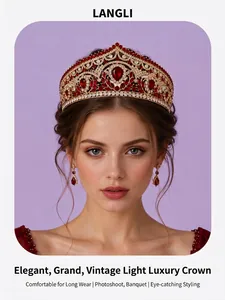 Front view detail of model wearing a vintage red crystal tiara and matching earrings