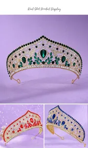 Detailed view of vintage luxury tiaras in emerald green, ruby red, and sapphire blue