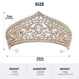 Size details and dimensions for a vintage gold crystal tiara with total weight info