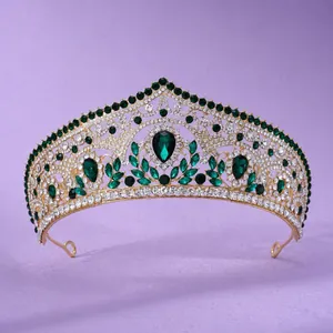 Vintage luxury gold tiara with emerald green and clear rhinestones for weddings and party