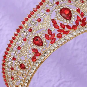 Luxury vintage crown tiara with red water-drop crystals and gold-tone intricate design