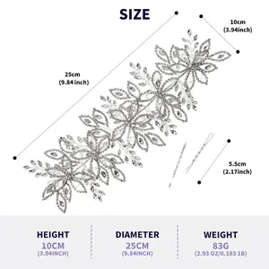 Spécifications complètes de dimensions et de poids pour ce bandeau de mariée en strass argenté