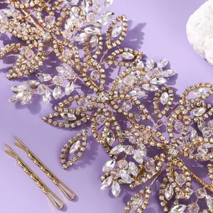 Vigne de cheveux de mariée artisanale avec des strass de luxe et des motifs de feuilles