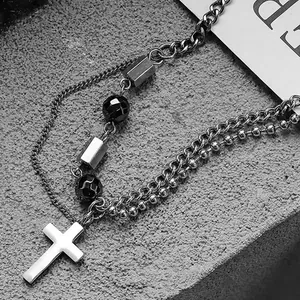 Collier Pendentif Croix Double Couche en Acier au Titane Style Hip Hop Streetwear pour Hommes Femmes Bijoux