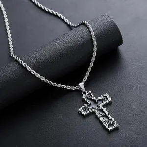 Collier Pendentif Croix Fondue Gothique Acier Inoxydable Émail Noir Texturé Hip Hop Punk Bijoux Pour Hommes Femmes