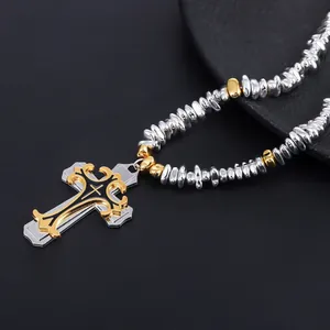 Collar con Colgante de Cruz de Hematita Vintage para Hombre Mujer Cadena de Cuentas Chapada en Oro Plata Joyería Religiosa Gótica