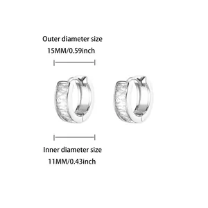 Detailed size specifications for silver hoop earrings inlaid with rectangular clear stones