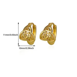 Detailed macro view of gold Celtic knot hoop earrings with 11mm by 10mm size markings.