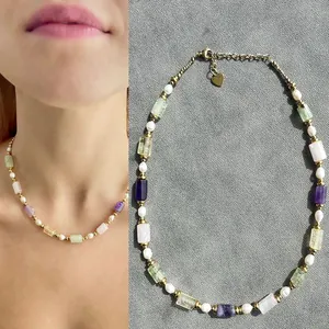 Ensemble de Bijoux Vintage Français pour Femmes Collier en Acier Inoxydable Plaqué Or 18K avec Perles d'Eau Douce et Pierres Naturelles