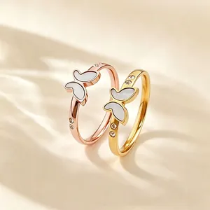 Koreaanse Stijl Roestvrij Stalen Vlinder Ring Kunstparelmoer Witte Schelp Zirconia Goud Roségoud Elegante Sieraden Voor Dames