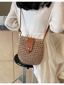 Sommerurlaub Mode Gewebte Stroh Eimertasche Für Damen Freizeit Stroh Schulter Umhängetasche Mit Reißverschluss