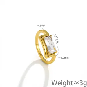Detailed view of gold ring with emerald-cut zirconia, showing size and weight dimensions.
