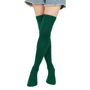 Stylish dark green over the knee thigh high socks for women with fine ribbed texture.