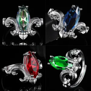 Vintage Crown Open Ring For Women Environmental Copper Marquise Cut Zirconia Adjustable Luxury Fleur-de-lis Finger Jewelry Gift