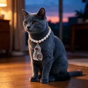 Graue Katze mit weißem Perlenhalsband und transparentem Anhänger zur Fellaufbewahrung.