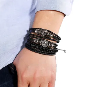 Vintage black leather skull bracelet set for men with braided punk style design