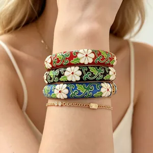 Chinese Style Cloisonne Enamel Flower Bangle For Women 14K Gold Plated Alloy Spring Opening Retro Floral Bracelet Jewelry