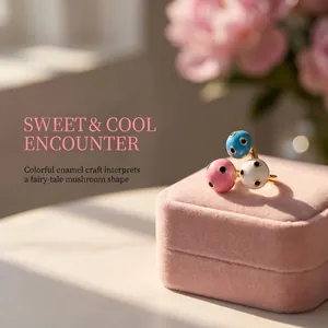 Macro view of colorful enamel mushroom ring with polka dot ladybug design